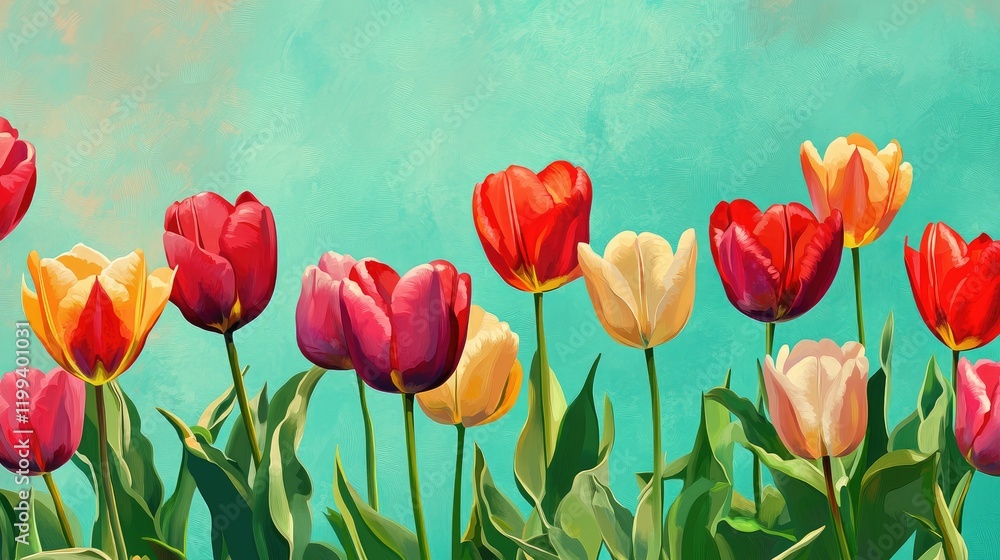 Poster colorful tulips in various shades on a turquoise background with space for text or design elements.