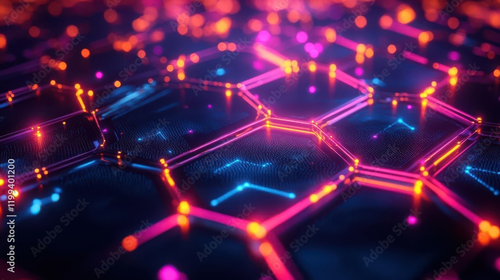Poster a vibrant, abstract representation of hexagonal patterns illuminated by colorful lights, creating a 