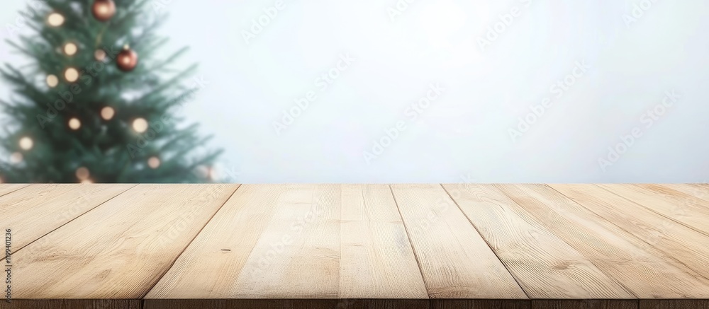 Aufkleber defocused rustic wooden table in foreground with decorated christmas tree in soft focus background, 