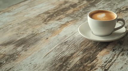 Obraz premium Close-up of a white coffee cup on a rustic wooden table with warm tones and empty space for text, ideal for branding and advertising.