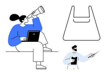 Person holding telescope beside laptop, another holding tablet with pointer, outline of bag. Ideal for innovation, exploration, education, digital tools, future opportunities, learning professional