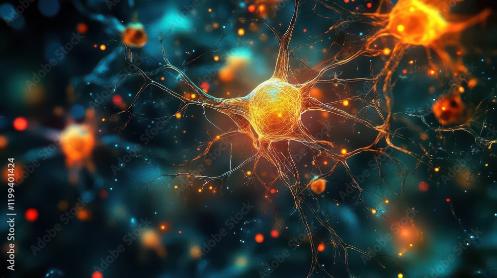 Aufkleber a vibrant close-up of neural cells showcasing intricate connections and glowing elements, illustrati