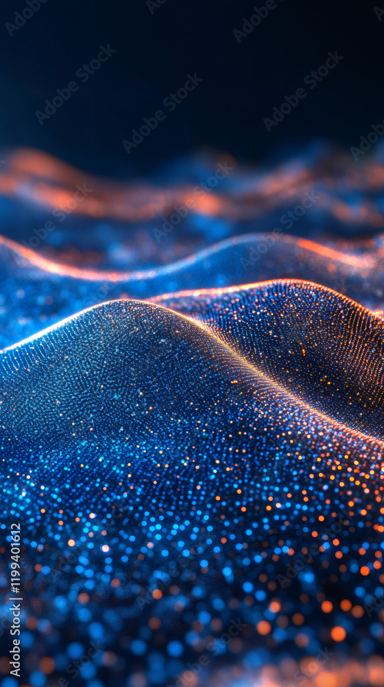 Aufkleber Digital particles streaming across dark backdrop, generating fluid technological landscape representing innovation and cutting-edge design