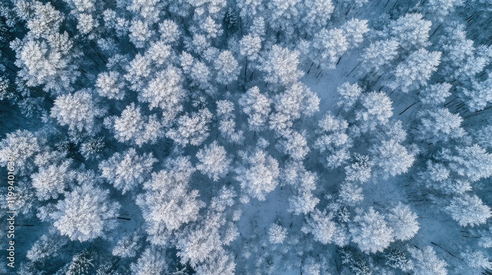 Poster aerial winter view of a frosted dense forest with snow-covered trees in various shades of white and 