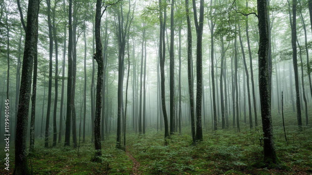 Poster lush green dense forest shrouded in mist and fog with tall trees creating a serene atmosphere and am