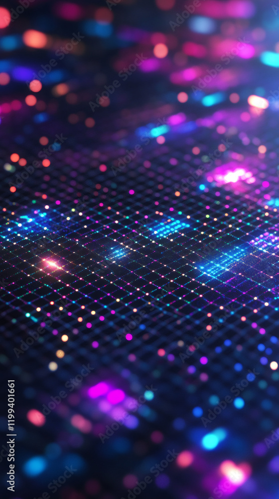 Poster vibrant lights illuminating a grid pattern, creating a futuristic and technological digital landscap