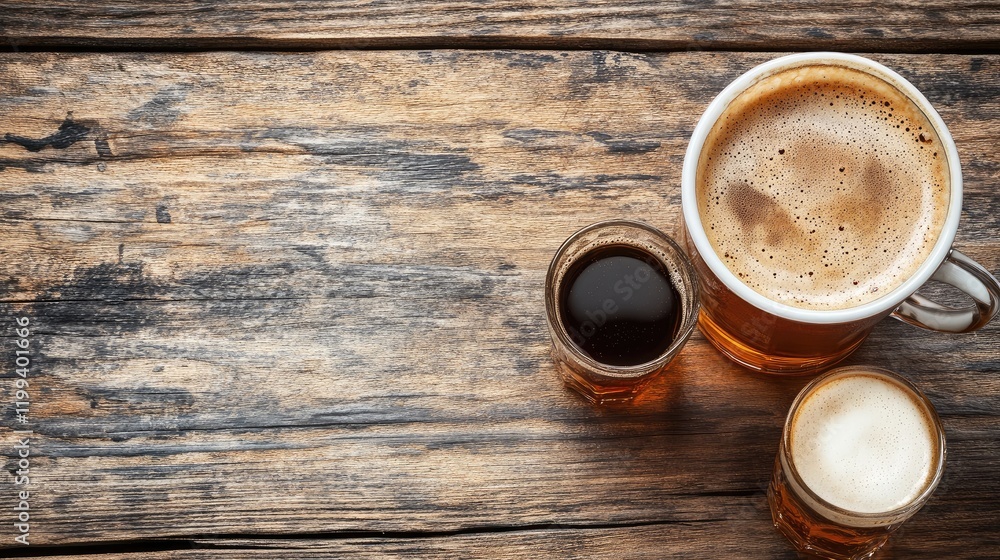 Poster rustic wooden tabletop featuring a diverse arrangement of freshly poured coffee and two types of bee