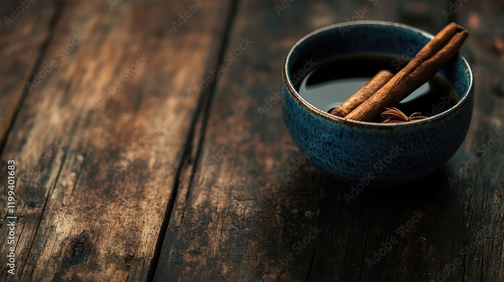 Aufkleber cup of dark coffee in textured blue bowl with cinnamon sticks on rustic dark wooden table featuring 