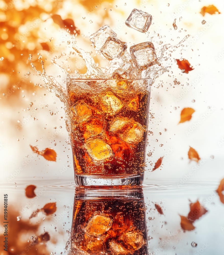 Poster refreshing beverage with ice cubes splashing in a glass, capturing autumn vibes with falling leaves 