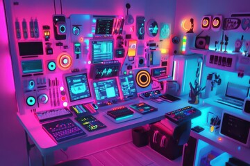 Colorful Desk with Vibrant Gadgets in Abstract Style