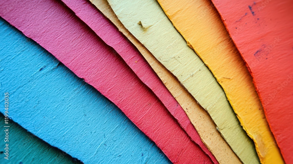 Poster a stack of colorful handmade paper with rough edges arranged in a diagonal pattern