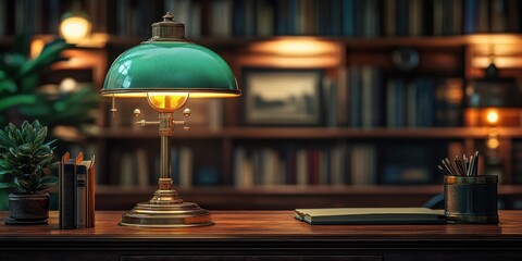 Vintage Green Desk Lamp in a Cozy Library