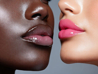 A close up of two women's lips with different shades of lipstick