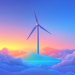Wind Turbine on a Dreamlike Hilltop at Sunset Clean Energy Concept Art