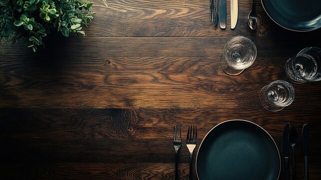Overhead view of elegant table setting with dark plates, cutlery, and glasses on a rustic wooden table.