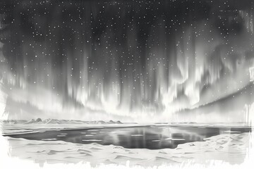 Stunning monochrome depiction of the northern lights over a serene frozen landscape at night.