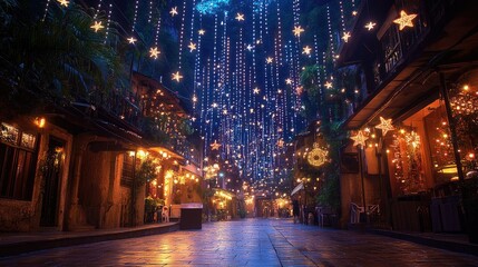 Obraz premium Festive Night Street Decorated With Star Lights