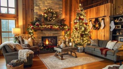 Elegant Christmas living room featuring a fireplace adorned for the holiday season, wooden wall paneling, grey sofa and armchair, warm yellow lighting, a beautifully decorated Christmas tree with ligh