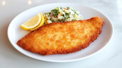a classic German schnitzel, golden and crispy, served with potato salad and lemon wedges