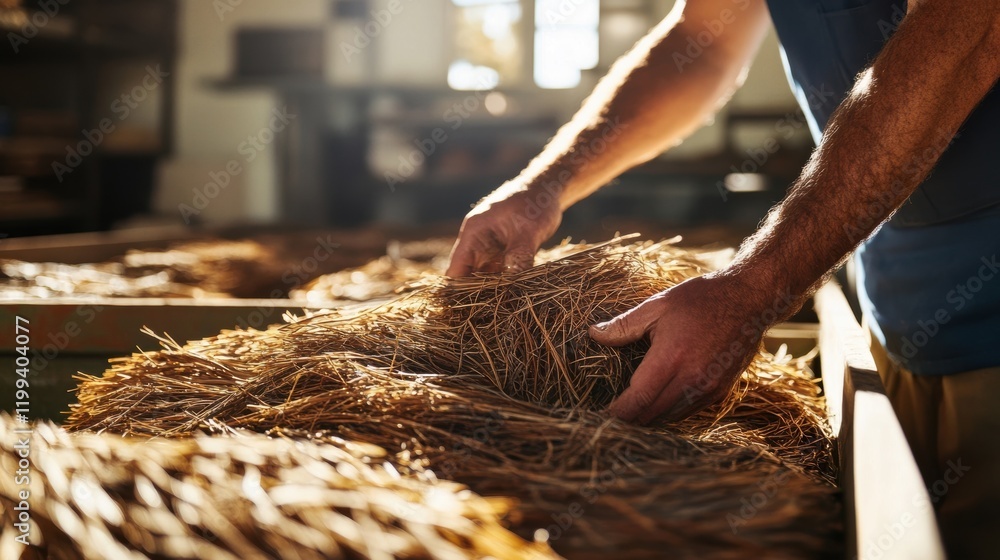 Poster closeup of a worker sorting through a collection of ethically sourced pine needles revealing their e