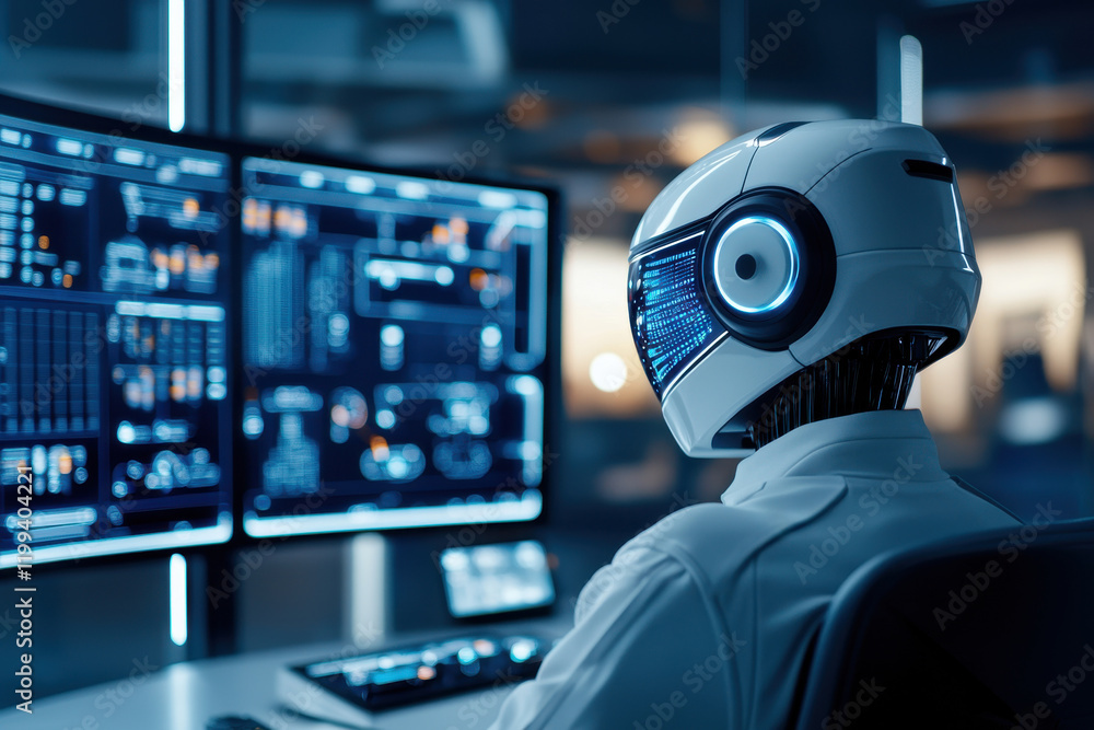 Aufkleber a futuristic humanoid robot analyzes data on advanced computer screens.