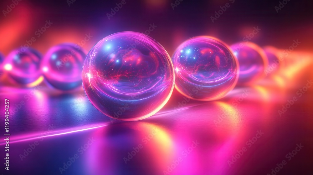 Poster a vibrant array of luminous spheres glowing with colorful reflections, creating a dynamic, abstract 