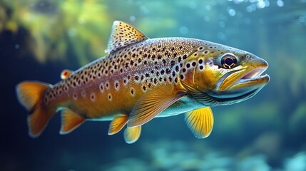 Fototapeta premium A vibrant brown trout swimming gracefully in clear freshwater, surrounded by lush underwater vegetation