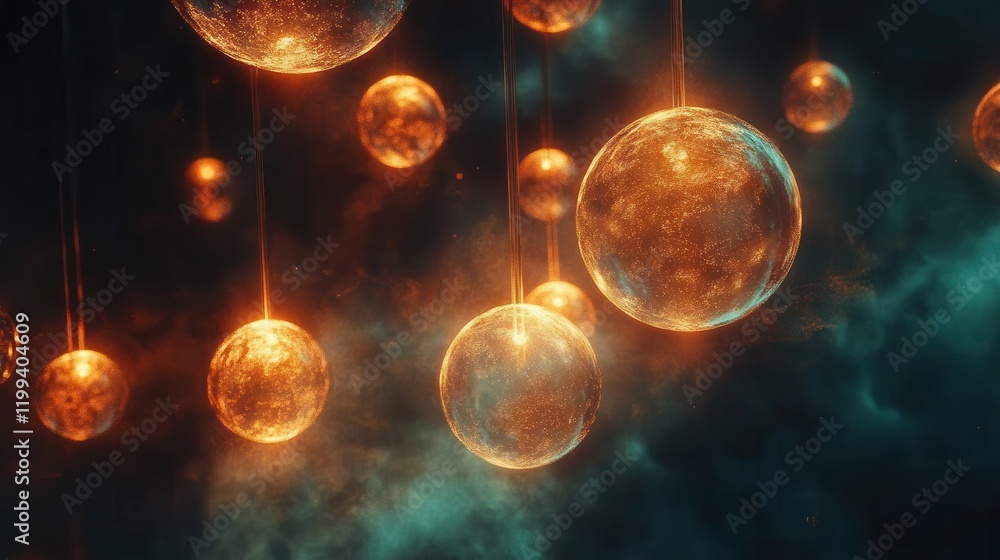 Poster a mesmerizing display of glowing orbs suspended in a dark, cosmic background, creating an ethereal a