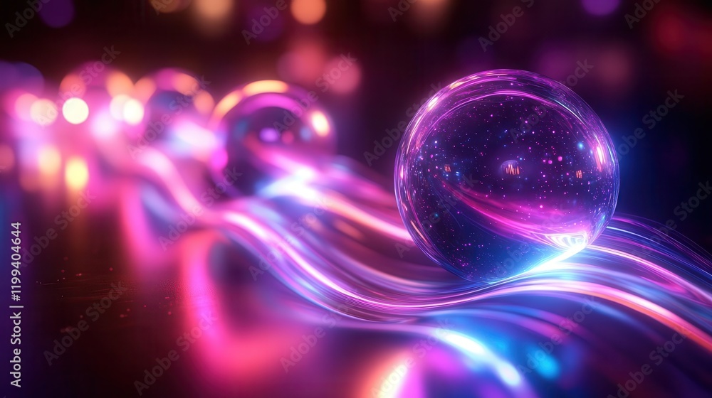 Poster a vibrant abstract scene featuring glowing spheres and flowing light trails, creating a mesmerizing 