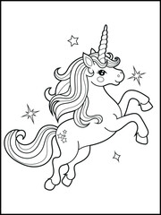 Illustration of a cute unicorn cartoon character. Black and white Printable Unicorn coloring page for kids.