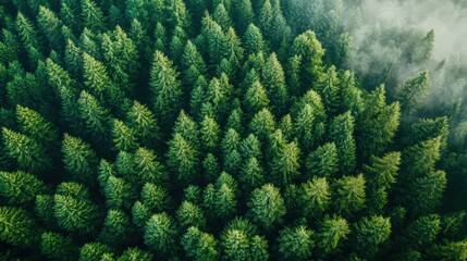 Aerial view of a dense forest with misty areas among the tree tops