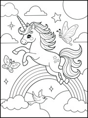 Illustration of a cute unicorn cartoon character. Black and white Printable Unicorn coloring page for kids.