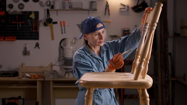 Upcycling furniture in workshop. Middle-aged woman painting wooden chair. Furniture renovation, diy and hobby