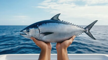 Fototapeta premium a fisherman holding a large freshly caught tuna on a boat, with the ocean in the background
