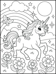 Illustration of a cute unicorn cartoon character. Black and white Printable Unicorn coloring page for kids.
