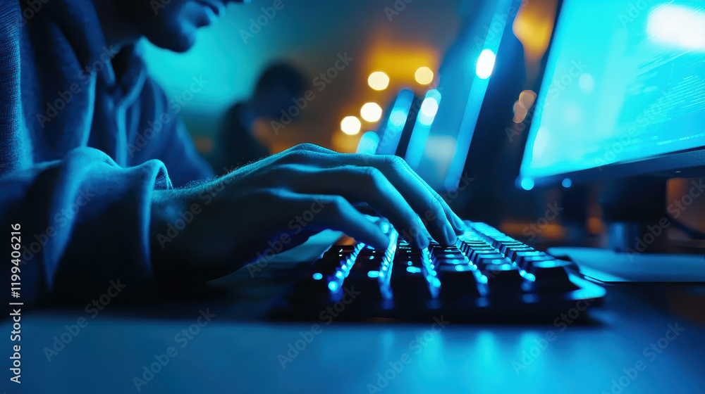 Poster hacker typing on a computer in a dark room, blue light from the screen reflecting on their face, hig