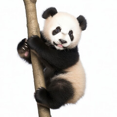 Fototapeta premium A playful baby panda climbing a tree with a curious expression and fluffy fur.