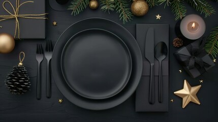 New Year's table setting featuring a black plate, knife, and fork on a dark background, accompanied by Christmas tree branches, a gift box, a candle, and golden star decorations, ideal as a black mock