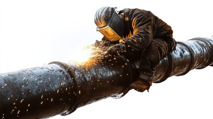 A pipeline worker welding metal pipes with precision, sparks flying, isolated on a bright white backdrop,