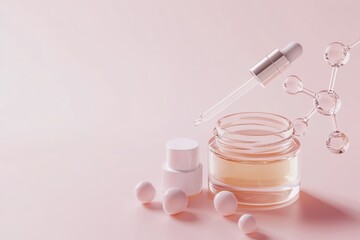 Elegant Skincare Products with Dropper and Molecules