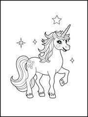 Illustration of a cute unicorn cartoon character. Black and white Printable Unicorn coloring page for kids.