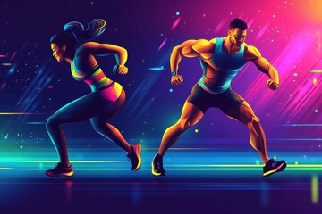 Fit Couple Working Out Together in Dynamic Cartoon Style