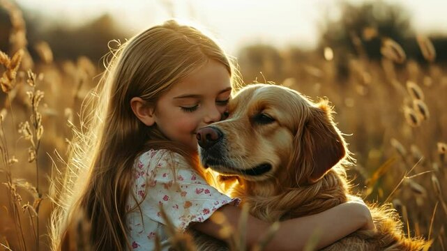 Golden Hour Embrace: A heartwarming scene of a young girl tenderly embracing her golden retriever in a sun-drenched field, capturing a moment of pure, unconditional love and companionship.  