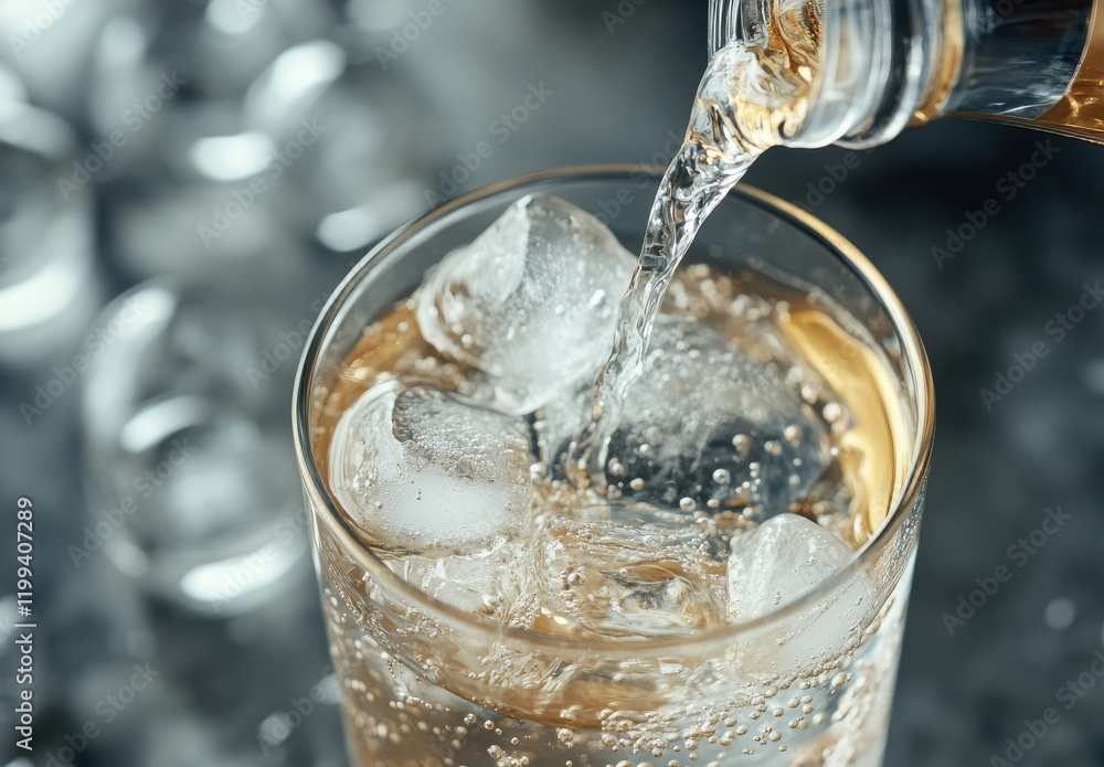 Poster refreshing carbonated beverage being poured into a clear glass with ice cubes on a cool metallic sur