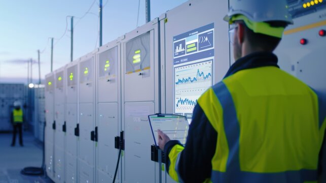 A renewable energy consultant analyzing energy storage system performance data at a renewable energy facility, with battery storage units and data analytics screens visible