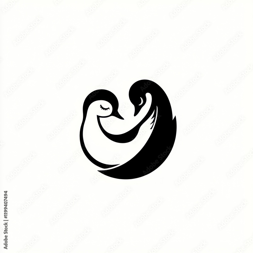 Poster two penguins forming a heart in simple design on a white background for graphics