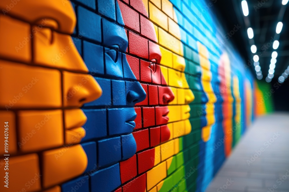 Poster a vibrant mural features colorful faces in profile, creating a striking visual effect against a dark