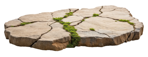 Cracked sandstone surface with green grass patches isolated on a transparent background