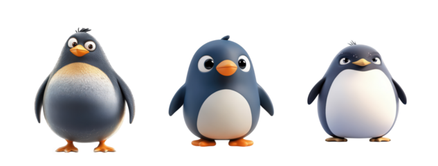 Three adorable cartoon penguins showcasing playful expressions and vibrant colors against a clean white backdrop.