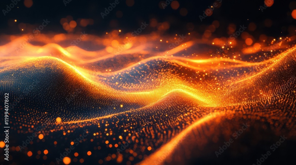 Poster a mesmerizing abstract representation of glowing waves, featuring shimmering particles in vibrant or